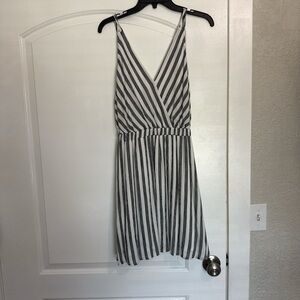 Stripe V-Neck Sleeveless Sundress in White & Charcoal